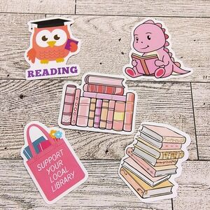 Reading Stickers Book Lover Library Bookish Owl Dinosaur (Set of 5)‎ Pink Hues